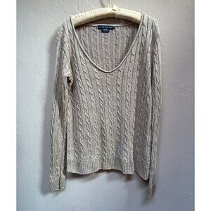 Ralph Lauren Women Italian Yarn Linen Cable-Knit V-Neck Sweater Large Tan Casual